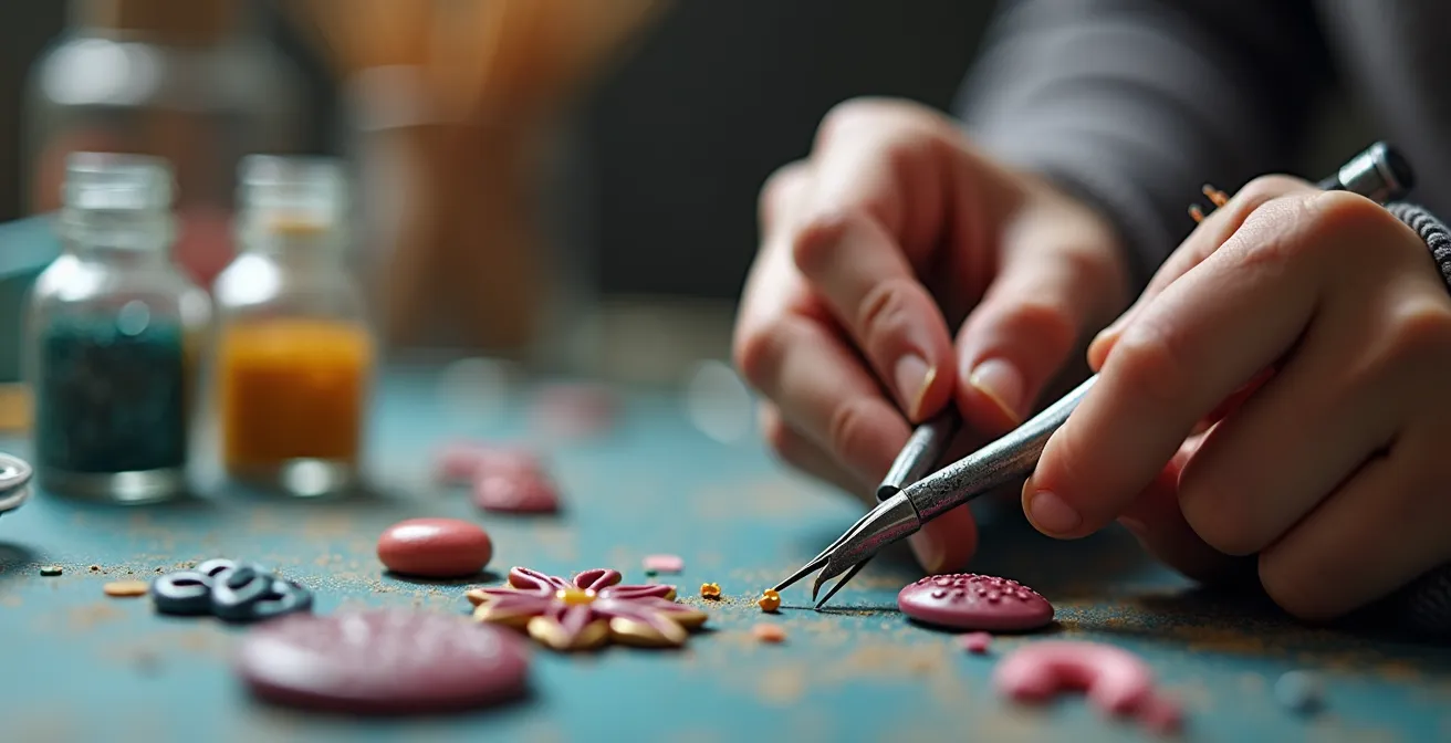 Détail en gros plan d’une main tenant une breloque en pâte polymère en cours de façonnage avec des outils de bijoutier